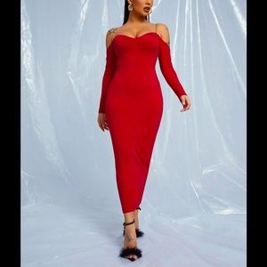 Red Drop Shoulder Chain Bodycon Dress